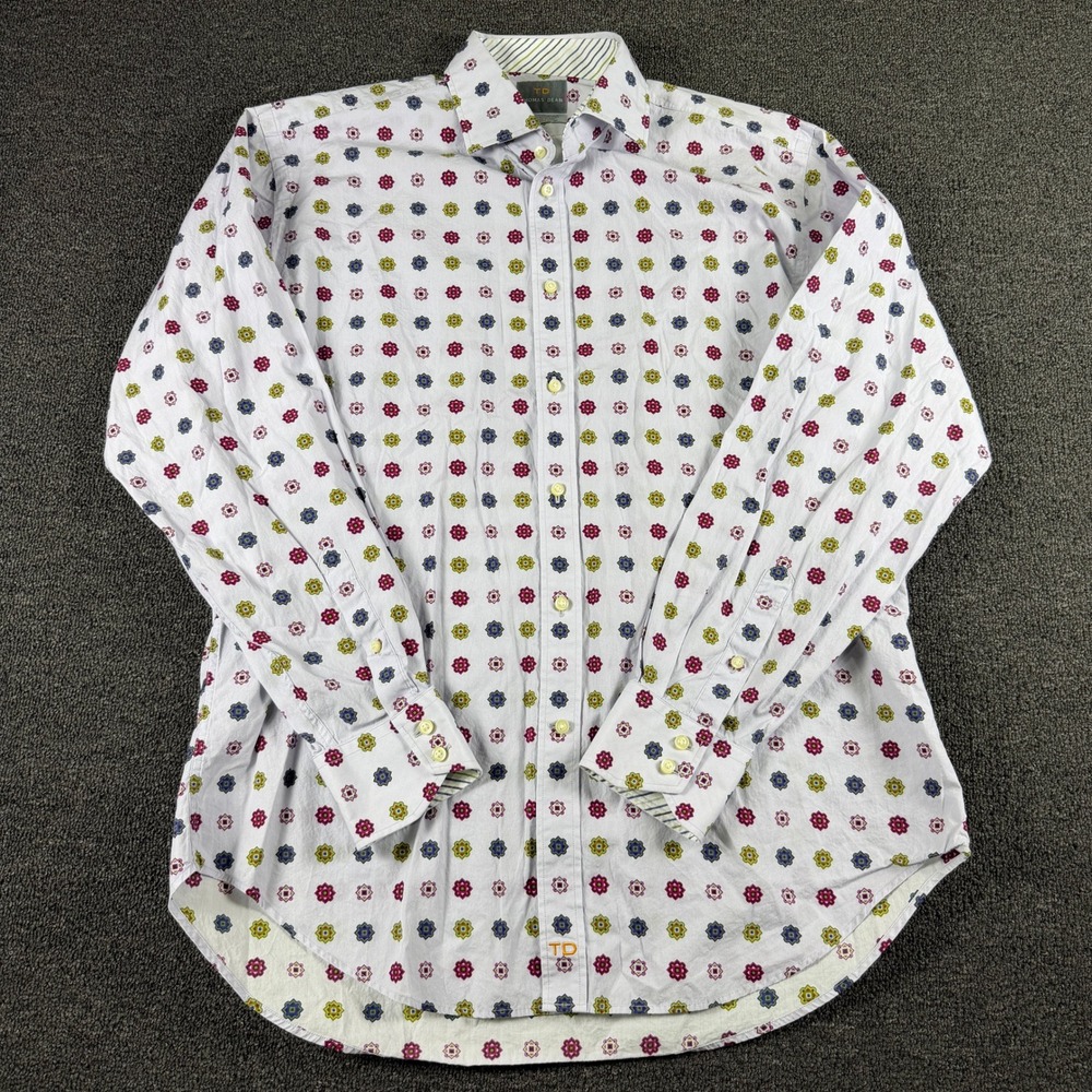 Thomas Dean Button Down Shirt Mens Large Shirtmakers Cloth Geometric White EUC